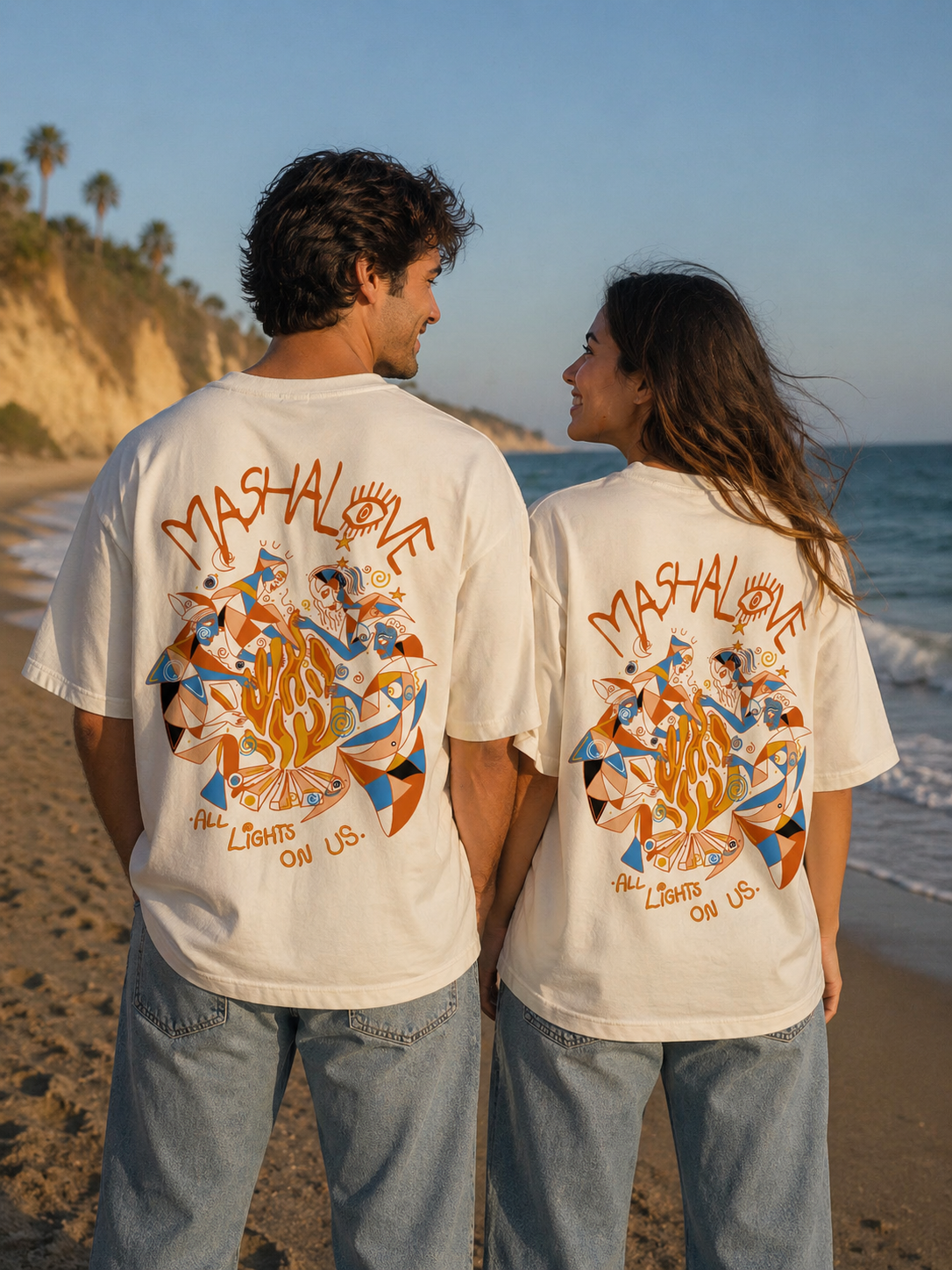 Couple portant le T-Shirt FEU Off White dos — Mashalove Spiritual Streetwear