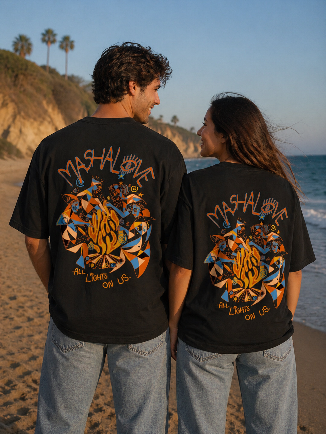 Couple portant le T-Shirt FEU Noir dos — Mashalove Spiritual Streetwear