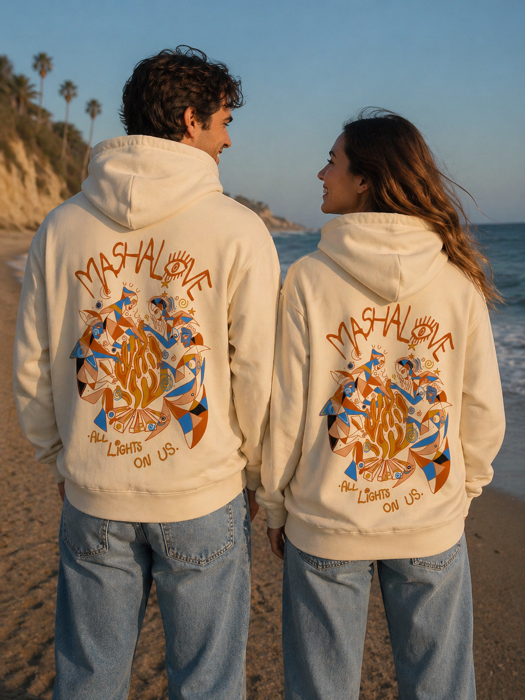 Couple portant le Hoodie FEU Off White dos — Mashalove Spiritual Streetwear