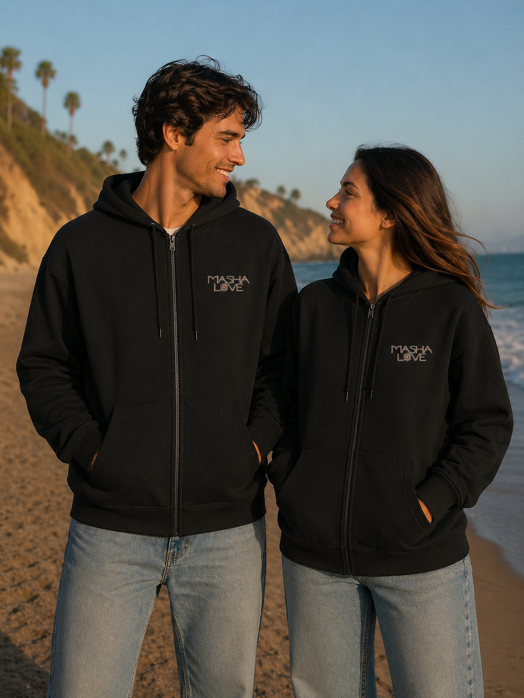 Couple portant un hoodie Noir — Mashalove Spiritual Streetwear