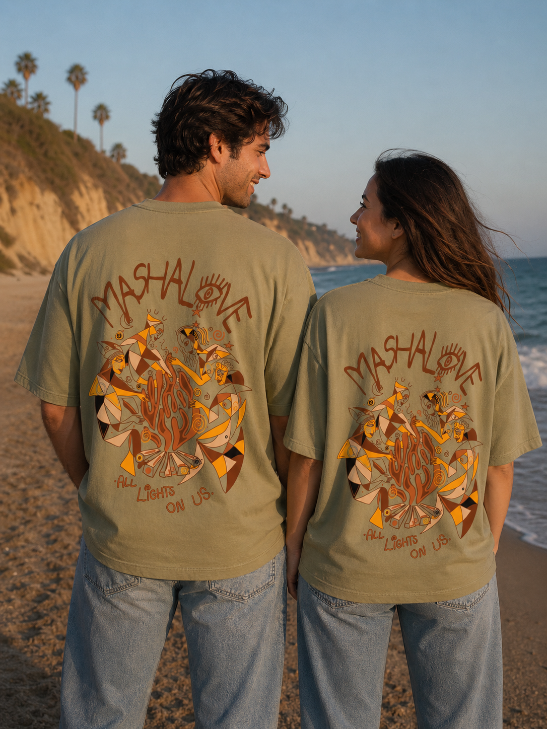 Couple portant le T-Shirt FEU Kaki dos — Mashalove Spiritual Streetwear