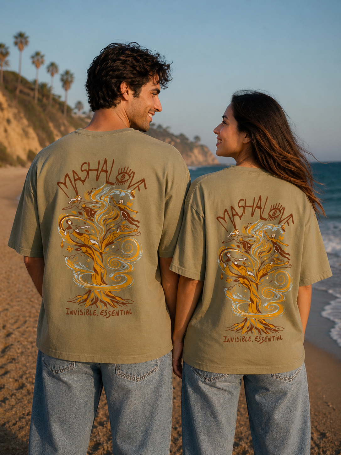 Couple portant le T-Shirt AIR Kaki — Mashalove Spiritual Streetwear